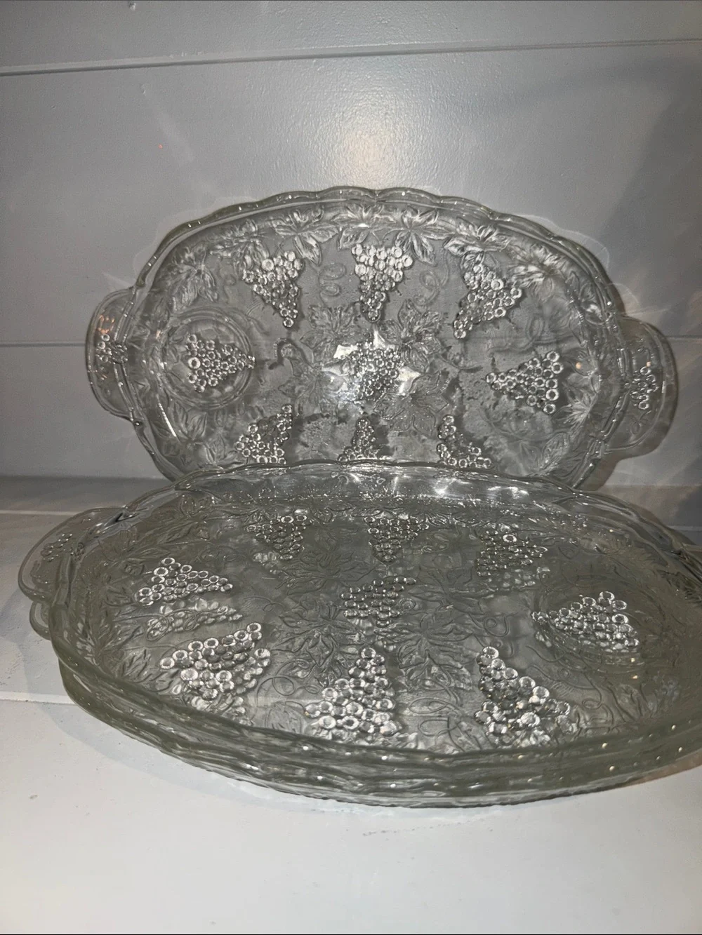 Three Vintage Clear Pressed Glass Serving Platter with Grape Pattern - Clear